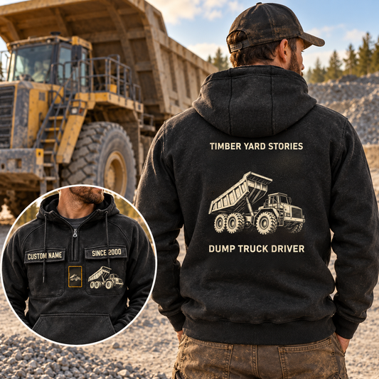 Dump Truck Driver Vintage Hoodie - Timber Yard Stories in Black, worn front and back lifestyle views with original artwork and sample personalization.