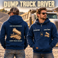Dump Truck Driver Built on Experience Vintage Hoodie in Dark Blue, worn front and back lifestyle views with original artwork and sample personalization.