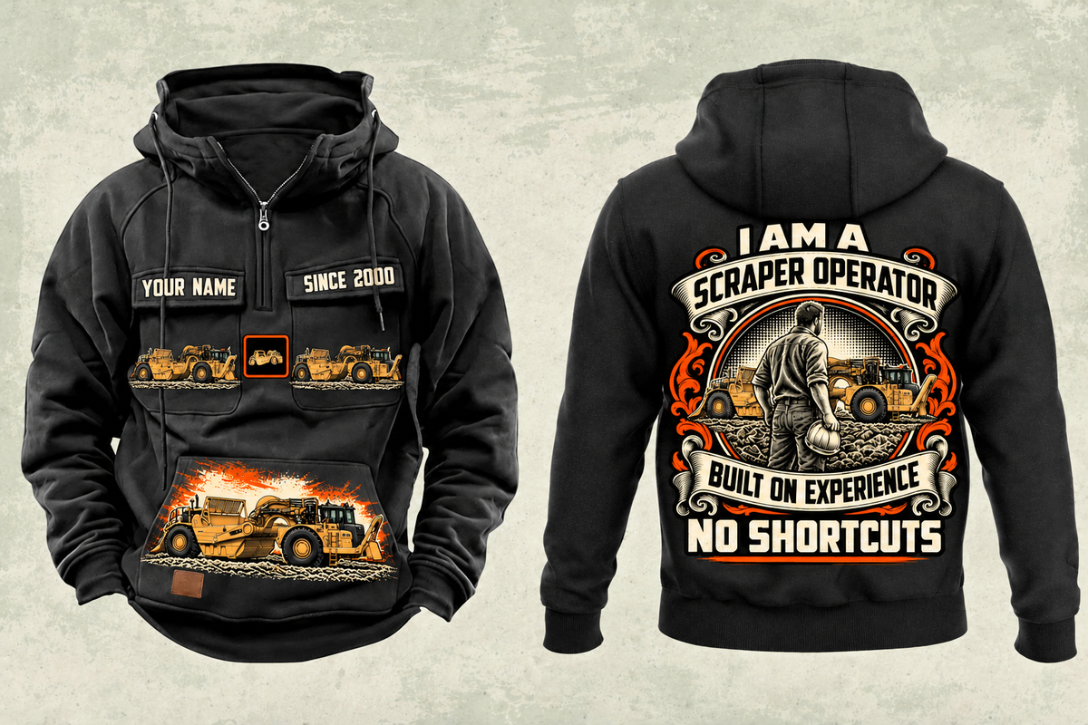 Personalized 657 Twin-Engine Scraper Operator Vintage Hoodie in black, front and back artwork with YOUR NAME and SINCE 2000 sample text.