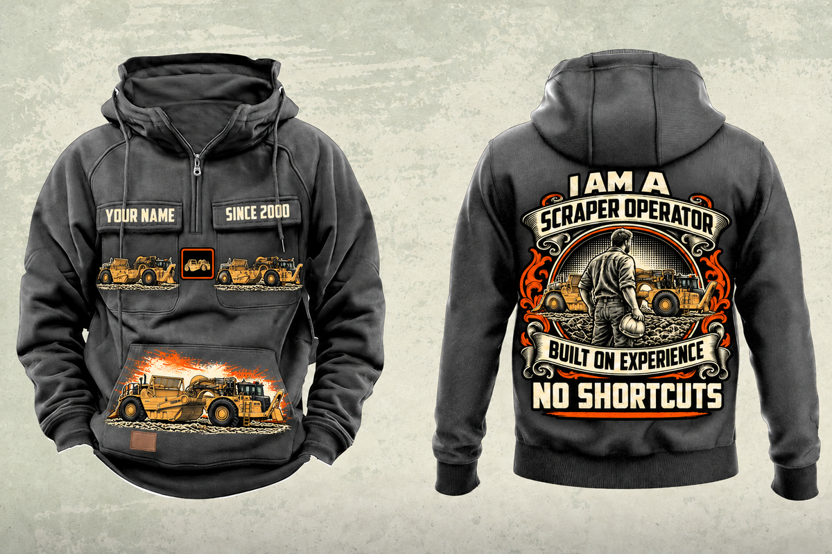 Personalized 657 Twin-Engine Scraper Operator Vintage Hoodie in dark-gray, front and back artwork with YOUR NAME and SINCE 2000 sample text.