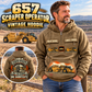 Personalized 657 Twin-Engine Scraper Operator Vintage Hoodie in Kaki, front and back artwork with YOUR NAME and SINCE 2000 sample text.