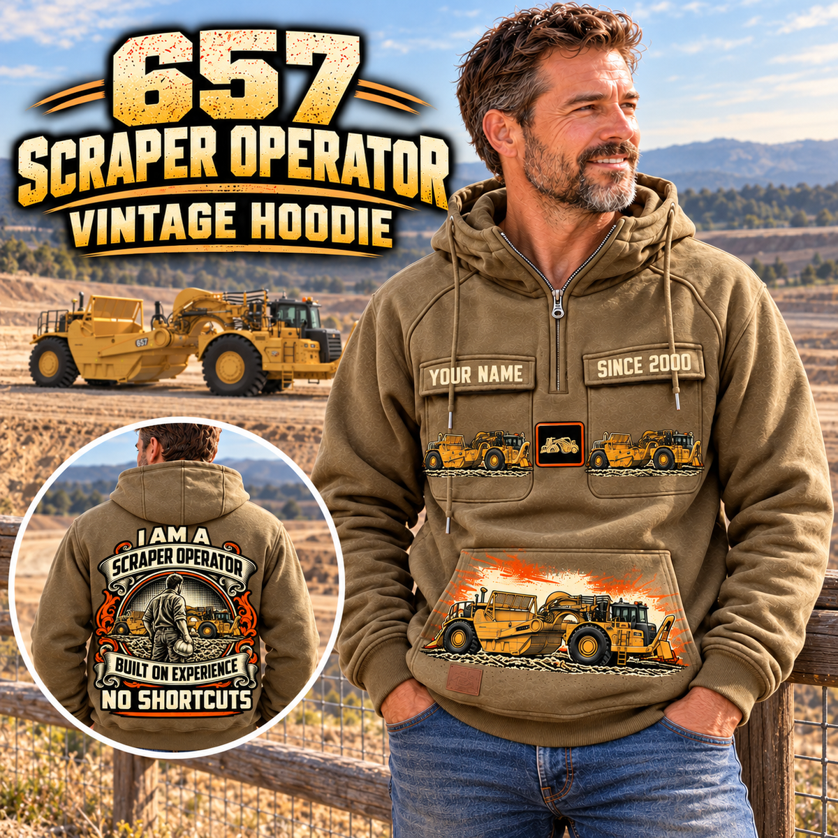 Personalized 657 Twin-Engine Scraper Operator Vintage Hoodie in Kaki, front and back artwork with YOUR NAME and SINCE 2000 sample text.