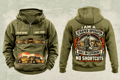 Personalized 657 Twin-Engine Scraper Operator Vintage Hoodie in military-green, front and back artwork with YOUR NAME and SINCE 2000 sample text.