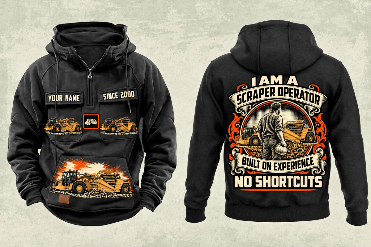 Personalized 623 Elevating Scraper Operator Vintage Hoodie in black, front and back artwork with YOUR NAME and SINCE 2000 sample text.