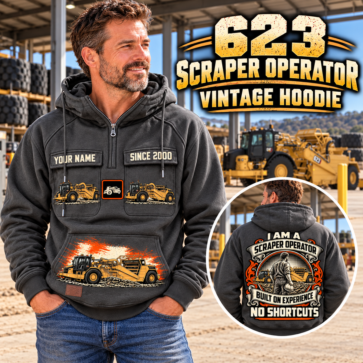 Personalized 623 Elevating Scraper Operator Vintage Hoodie in Dark Gray, front and back artwork with YOUR NAME and SINCE 2000 sample text.