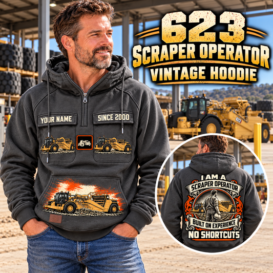Personalized 623 Elevating Scraper Operator Vintage Hoodie in Dark Gray, front and back artwork with YOUR NAME and SINCE 2000 sample text.