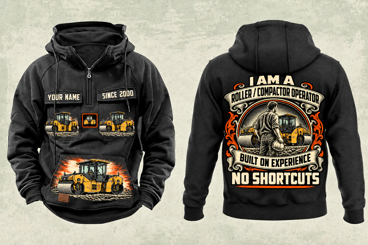 Personalized CB10 Tandem Roller Operator Vintage Hoodie in black, front and back artwork with YOUR NAME and SINCE 2000 sample text.