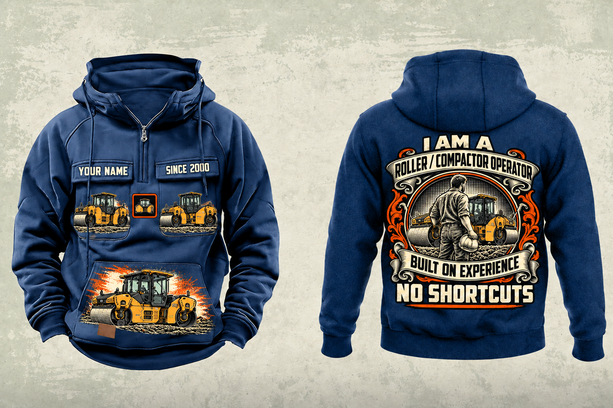 Personalized CB10 Tandem Roller Operator Vintage Hoodie in dark-blue, front and back artwork with YOUR NAME and SINCE 2000 sample text.