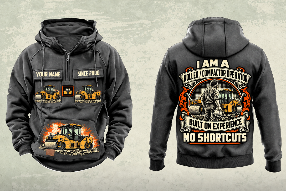 Personalized CB10 Tandem Roller Operator Vintage Hoodie in dark-gray, front and back artwork with YOUR NAME and SINCE 2000 sample text.