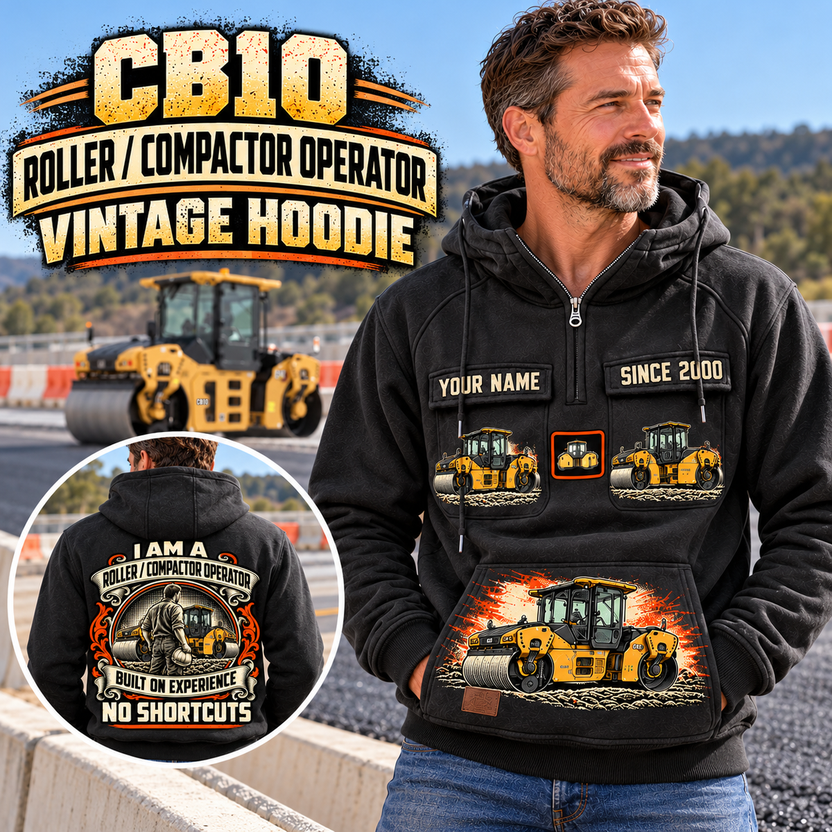 Personalized CB10 Tandem Roller Operator Vintage Hoodie in Black, front and back artwork with YOUR NAME and SINCE 2000 sample text.