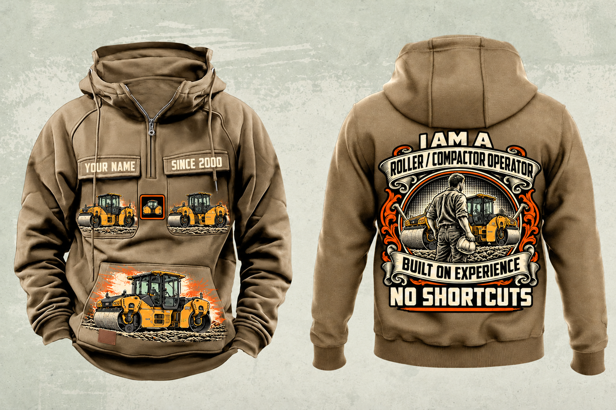 Personalized CB10 Tandem Roller Operator Vintage Hoodie in kaki, front and back artwork with YOUR NAME and SINCE 2000 sample text.