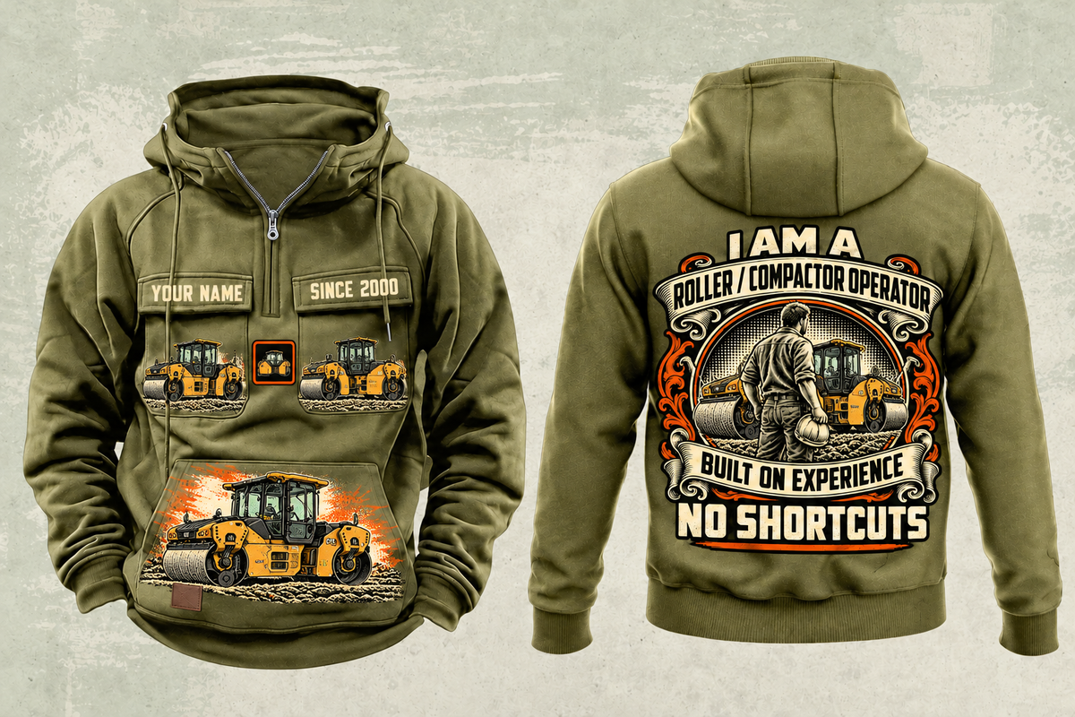 Personalized CB10 Tandem Roller Operator Vintage Hoodie in military-green, front and back artwork with YOUR NAME and SINCE 2000 sample text.