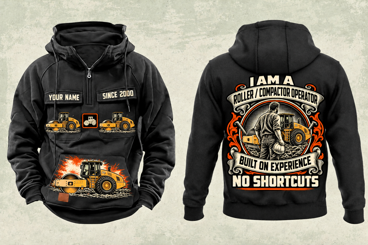 Personalized CS12 Soil Compactor Operator Vintage Hoodie in black, front and back artwork with YOUR NAME and SINCE 2000 sample text.