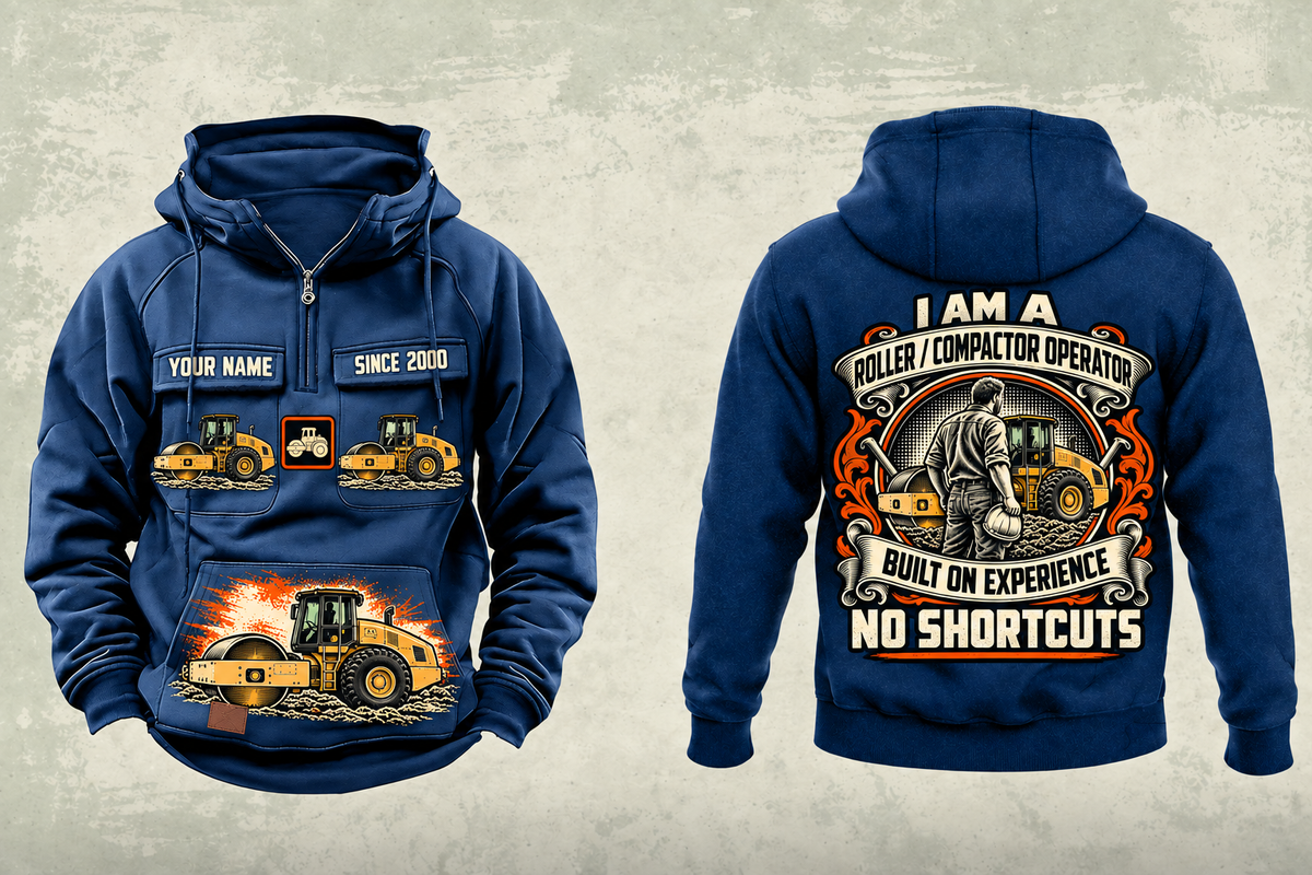 Personalized CS12 Soil Compactor Operator Vintage Hoodie in dark-blue, front and back artwork with YOUR NAME and SINCE 2000 sample text.