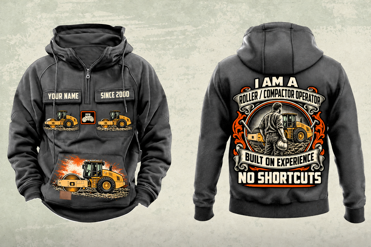 Personalized CS12 Soil Compactor Operator Vintage Hoodie in dark-gray, front and back artwork with YOUR NAME and SINCE 2000 sample text.