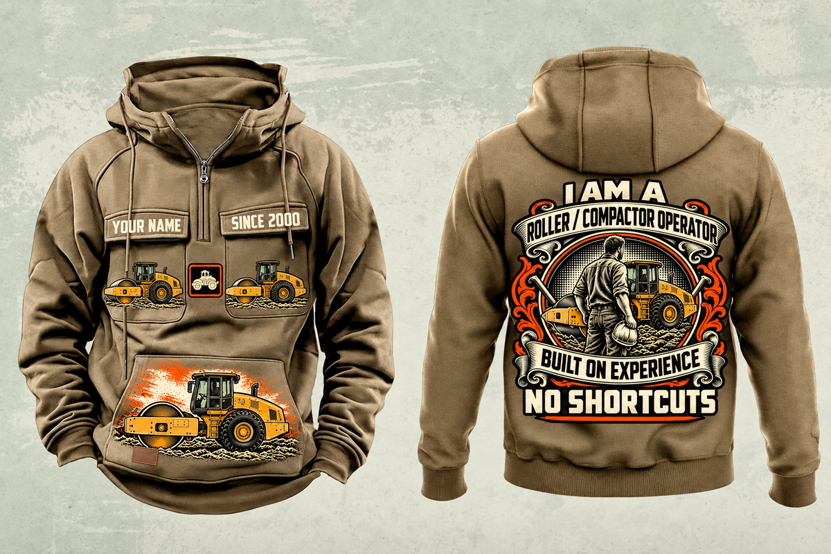 Personalized CS12 Soil Compactor Operator Vintage Hoodie in kaki, front and back artwork with YOUR NAME and SINCE 2000 sample text.