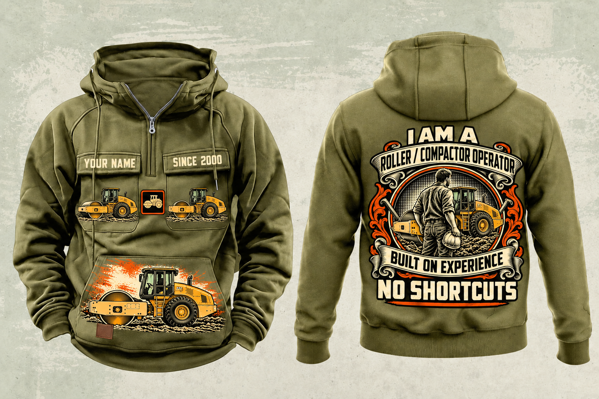 Personalized CS12 Soil Compactor Operator Vintage Hoodie in military-green, front and back artwork with YOUR NAME and SINCE 2000 sample text.