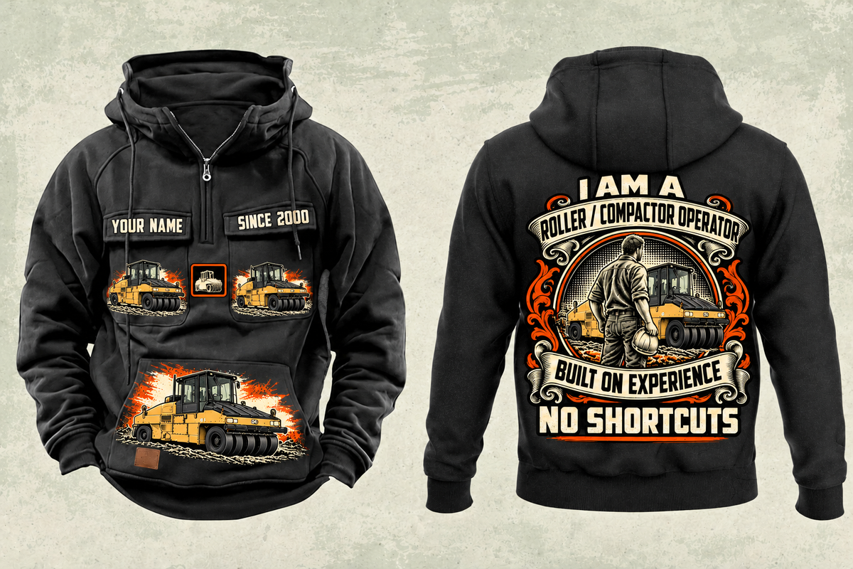 Personalized CW34 Pneumatic Roller Operator Vintage Hoodie in black, front and back artwork with YOUR NAME and SINCE 2000 sample text.