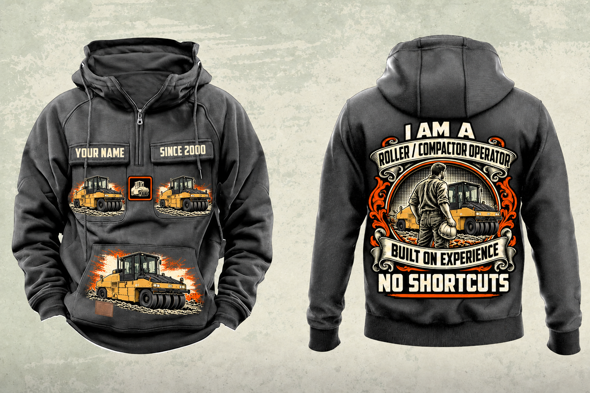 Personalized CW34 Pneumatic Roller Operator Vintage Hoodie in dark-gray, front and back artwork with YOUR NAME and SINCE 2000 sample text.