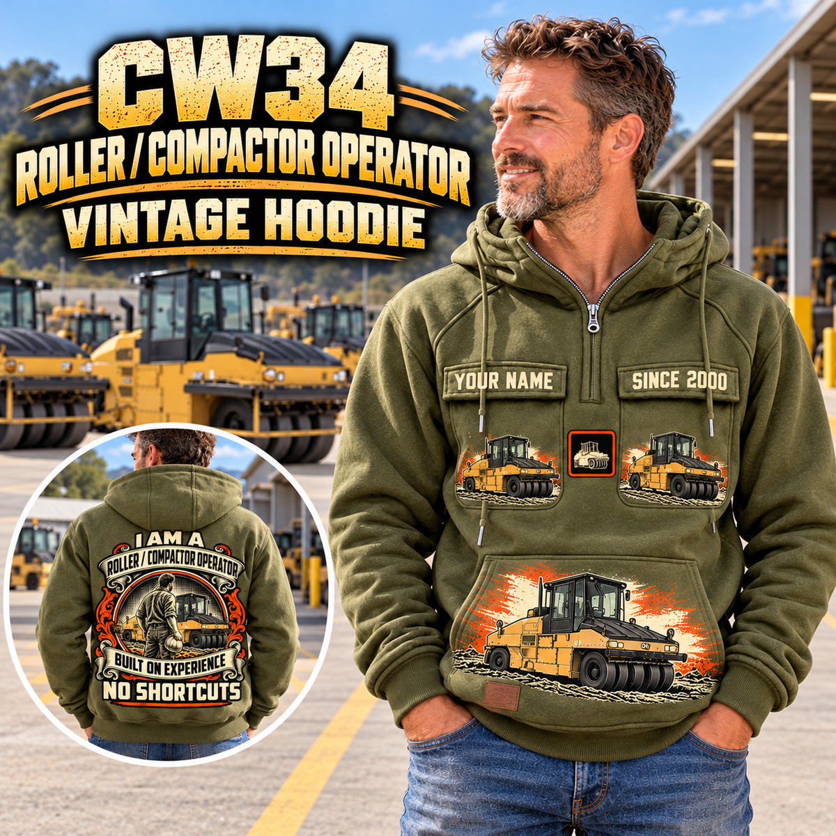 Personalized CW34 Pneumatic Roller Operator Vintage Hoodie in Military Green, front and back artwork with YOUR NAME and SINCE 2000 sample text.