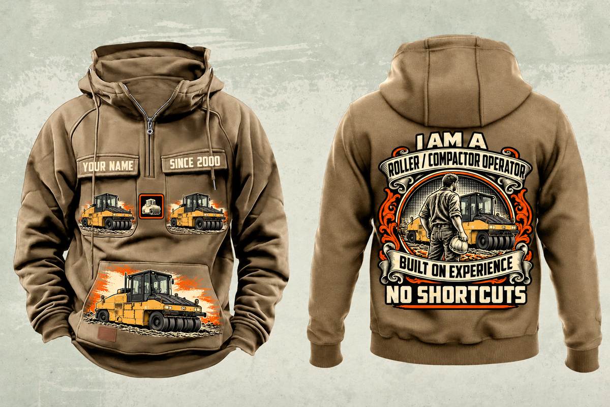 Personalized CW34 Pneumatic Roller Operator Vintage Hoodie in kaki, front and back artwork with YOUR NAME and SINCE 2000 sample text.