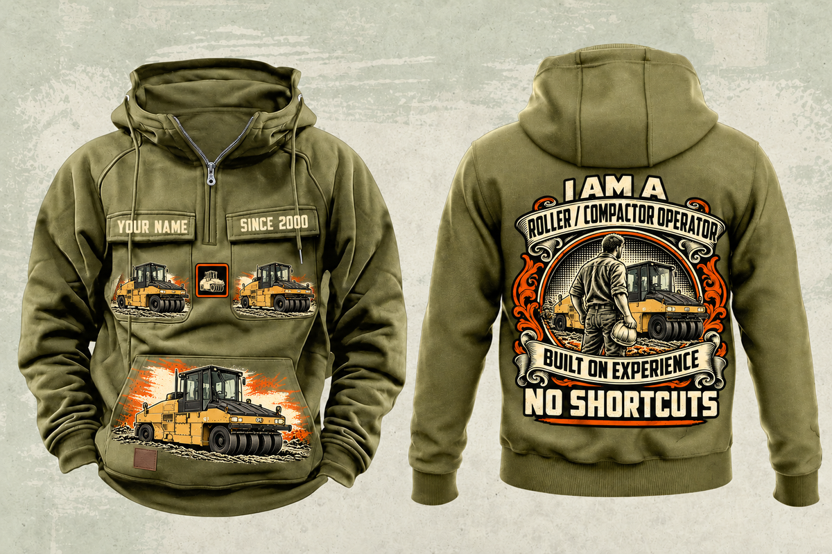 Personalized CW34 Pneumatic Roller Operator Vintage Hoodie in military-green, front and back artwork with YOUR NAME and SINCE 2000 sample text.