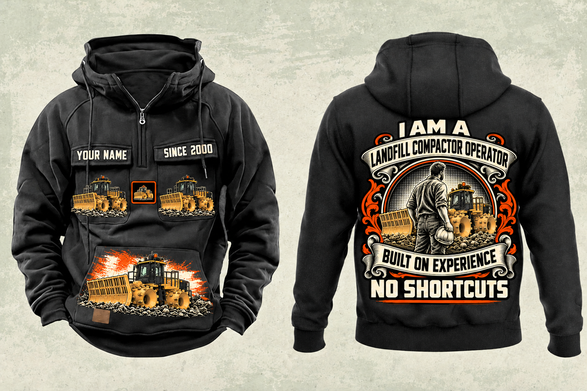 Personalized 816 Landfill Compactor Operator Vintage Hoodie in black, front and back artwork with YOUR NAME and SINCE 2000 sample text.