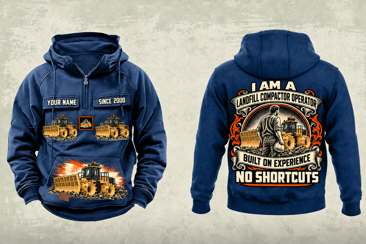 Personalized 816 Landfill Compactor Operator Vintage Hoodie in dark-blue, front and back artwork with YOUR NAME and SINCE 2000 sample text.