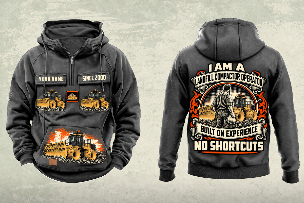 Personalized 816 Landfill Compactor Operator Vintage Hoodie in dark-gray, front and back artwork with YOUR NAME and SINCE 2000 sample text.