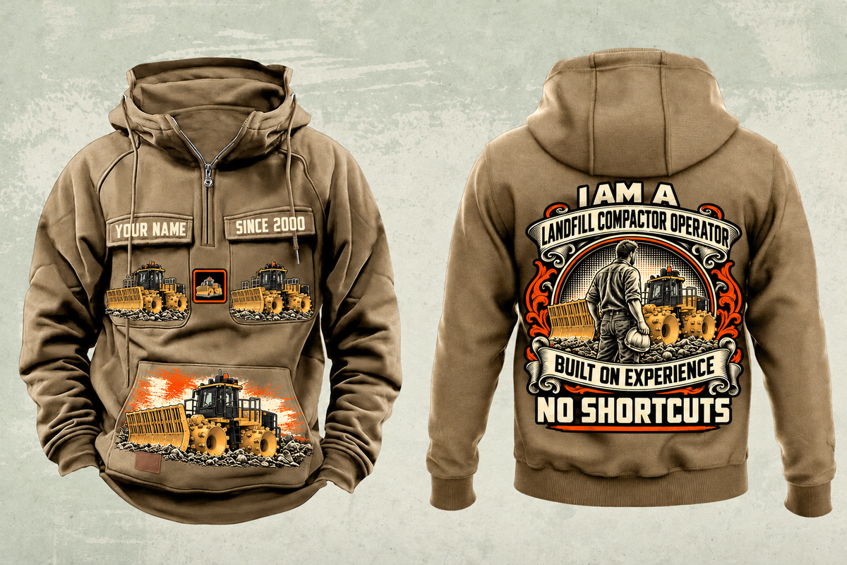 Personalized 816 Landfill Compactor Operator Vintage Hoodie in kaki, front and back artwork with YOUR NAME and SINCE 2000 sample text.