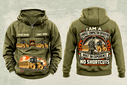 Personalized 816 Landfill Compactor Operator Vintage Hoodie in military-green, front and back artwork with YOUR NAME and SINCE 2000 sample text.