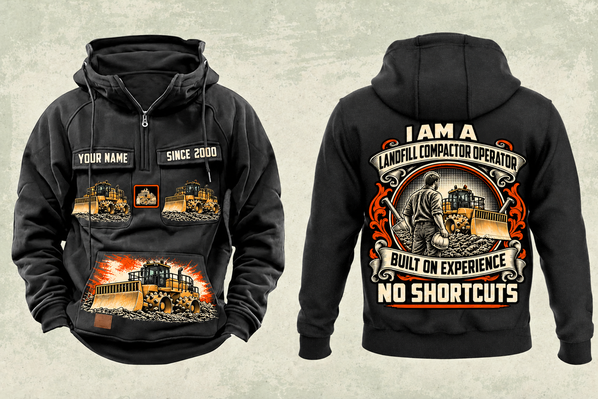 Personalized 826 Landfill Compactor Operator Vintage Hoodie in black, front and back artwork with YOUR NAME and SINCE 2000 sample text.