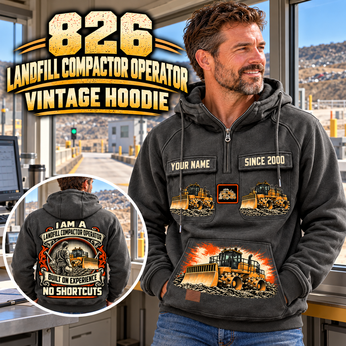 Personalized 826 Landfill Compactor Operator Vintage Hoodie in Dark Gray, front and back artwork with YOUR NAME and SINCE 2000 sample text.