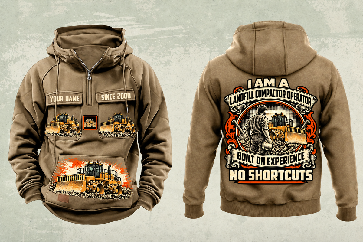 Personalized 826 Landfill Compactor Operator Vintage Hoodie in kaki, front and back artwork with YOUR NAME and SINCE 2000 sample text.