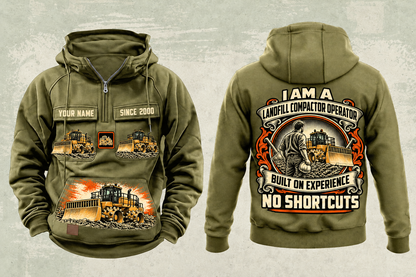Personalized 826 Landfill Compactor Operator Vintage Hoodie in military-green, front and back artwork with YOUR NAME and SINCE 2000 sample text.