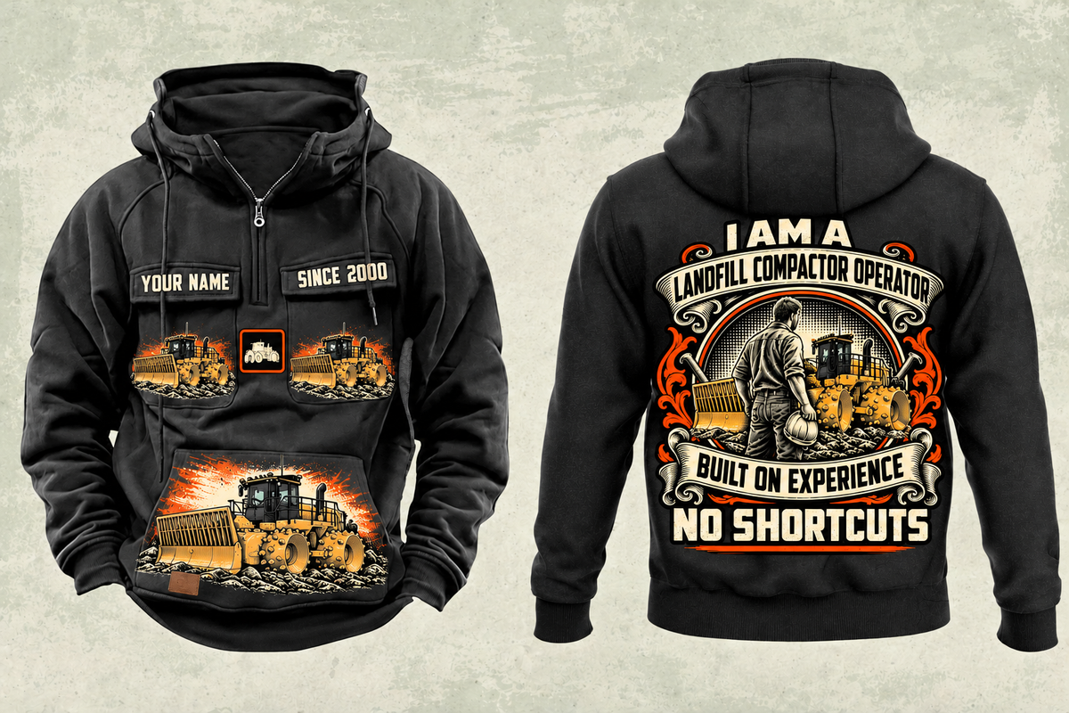Personalized 836 Landfill Compactor Operator Vintage Hoodie in black, front and back artwork with YOUR NAME and SINCE 2000 sample text.