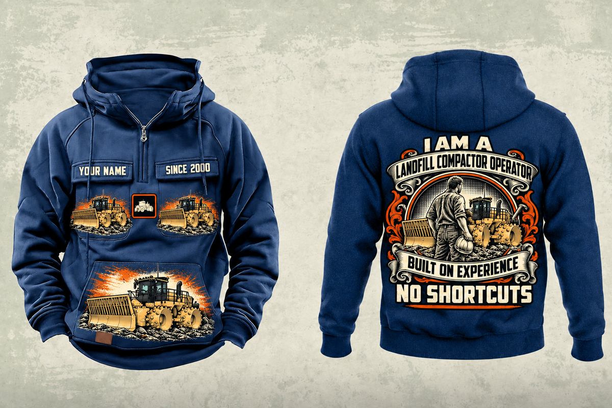 Personalized 836 Landfill Compactor Operator Vintage Hoodie in dark-blue, front and back artwork with YOUR NAME and SINCE 2000 sample text.
