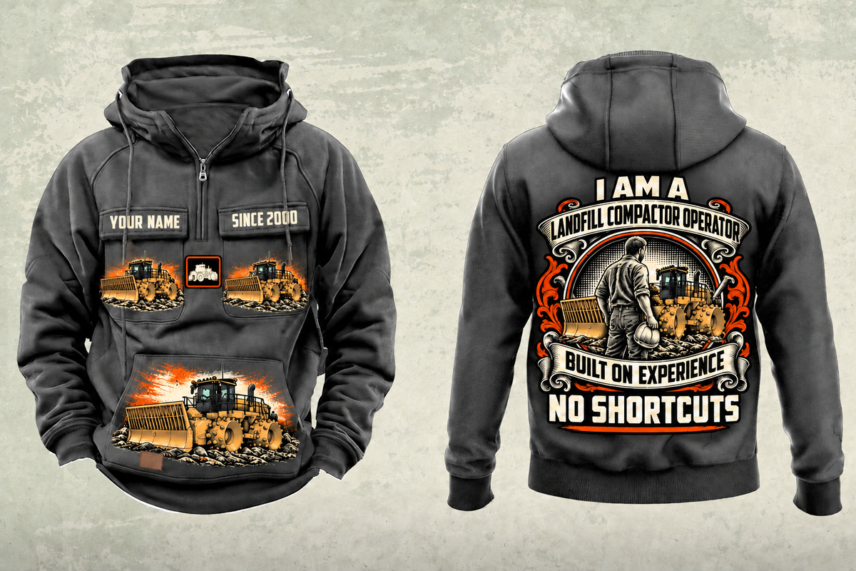 Personalized 836 Landfill Compactor Operator Vintage Hoodie in dark-gray, front and back artwork with YOUR NAME and SINCE 2000 sample text.