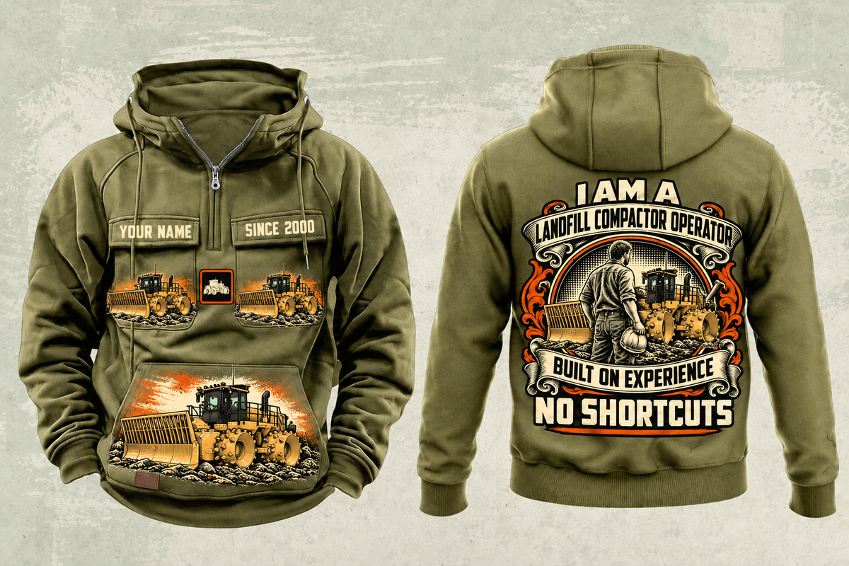Personalized 836 Landfill Compactor Operator Vintage Hoodie in military-green, front and back artwork with YOUR NAME and SINCE 2000 sample text.