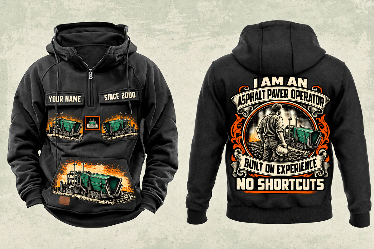Personalized SUPER 700i Asphalt Paver Operator Vintage Hoodie in black, front and back artwork with YOUR NAME and SINCE 2000 sample text.