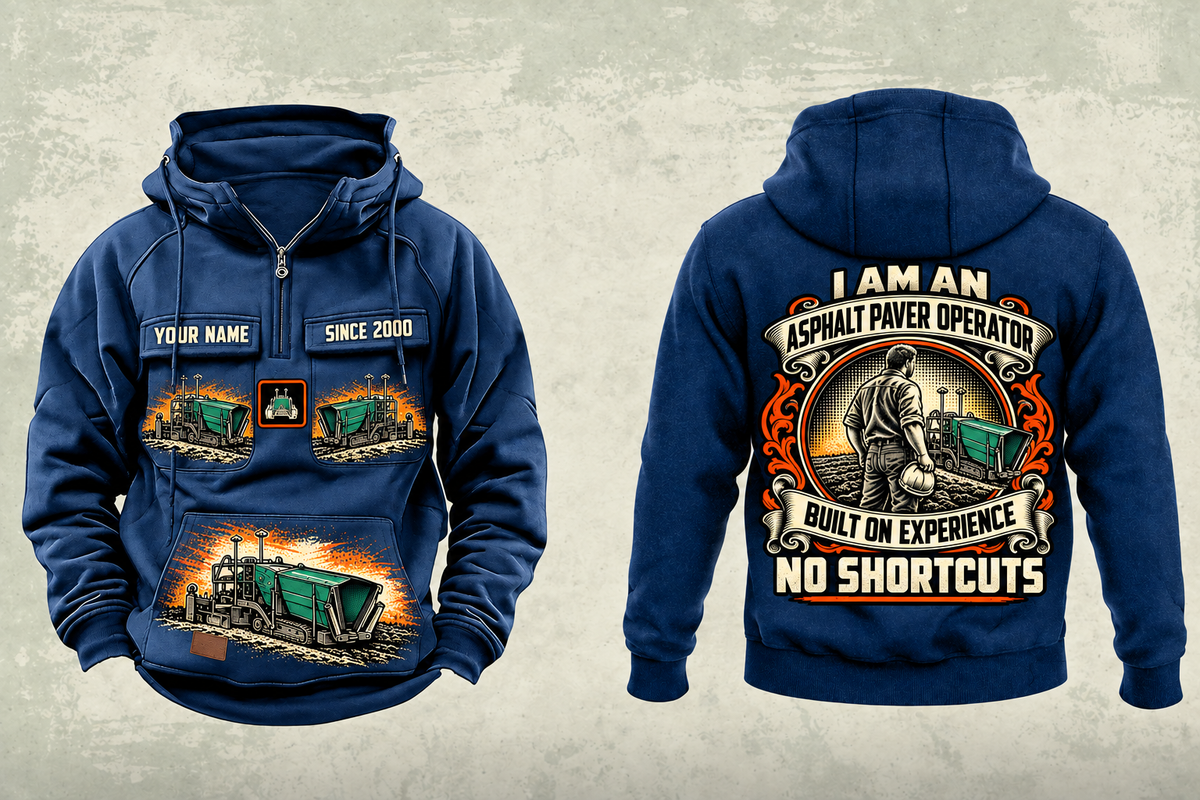 Personalized SUPER 700i Asphalt Paver Operator Vintage Hoodie in dark-blue, front and back artwork with YOUR NAME and SINCE 2000 sample text.