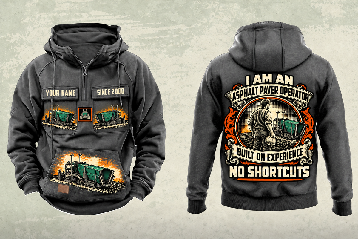Personalized SUPER 700i Asphalt Paver Operator Vintage Hoodie in dark-gray, front and back artwork with YOUR NAME and SINCE 2000 sample text.