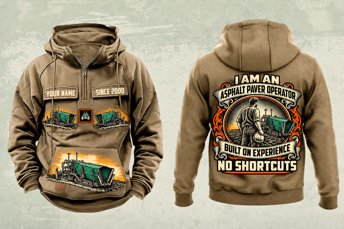 Personalized SUPER 700i Asphalt Paver Operator Vintage Hoodie in kaki, front and back artwork with YOUR NAME and SINCE 2000 sample text.