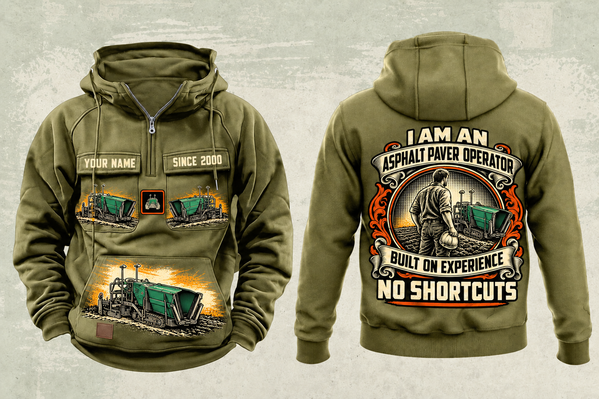 Personalized SUPER 700i Asphalt Paver Operator Vintage Hoodie in military-green, front and back artwork with YOUR NAME and SINCE 2000 sample text.
