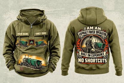 Personalized SUPER 700i Asphalt Paver Operator Vintage Hoodie in military-green, front and back artwork with YOUR NAME and SINCE 2000 sample text.