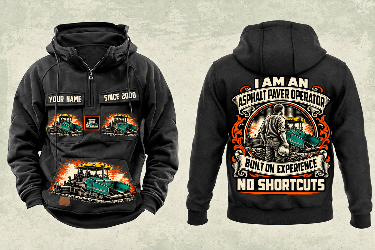 Personalized SUPER 1700-3i Asphalt Paver Operator Vintage Hoodie in black, front and back artwork with YOUR NAME and SINCE 2000 sample text.