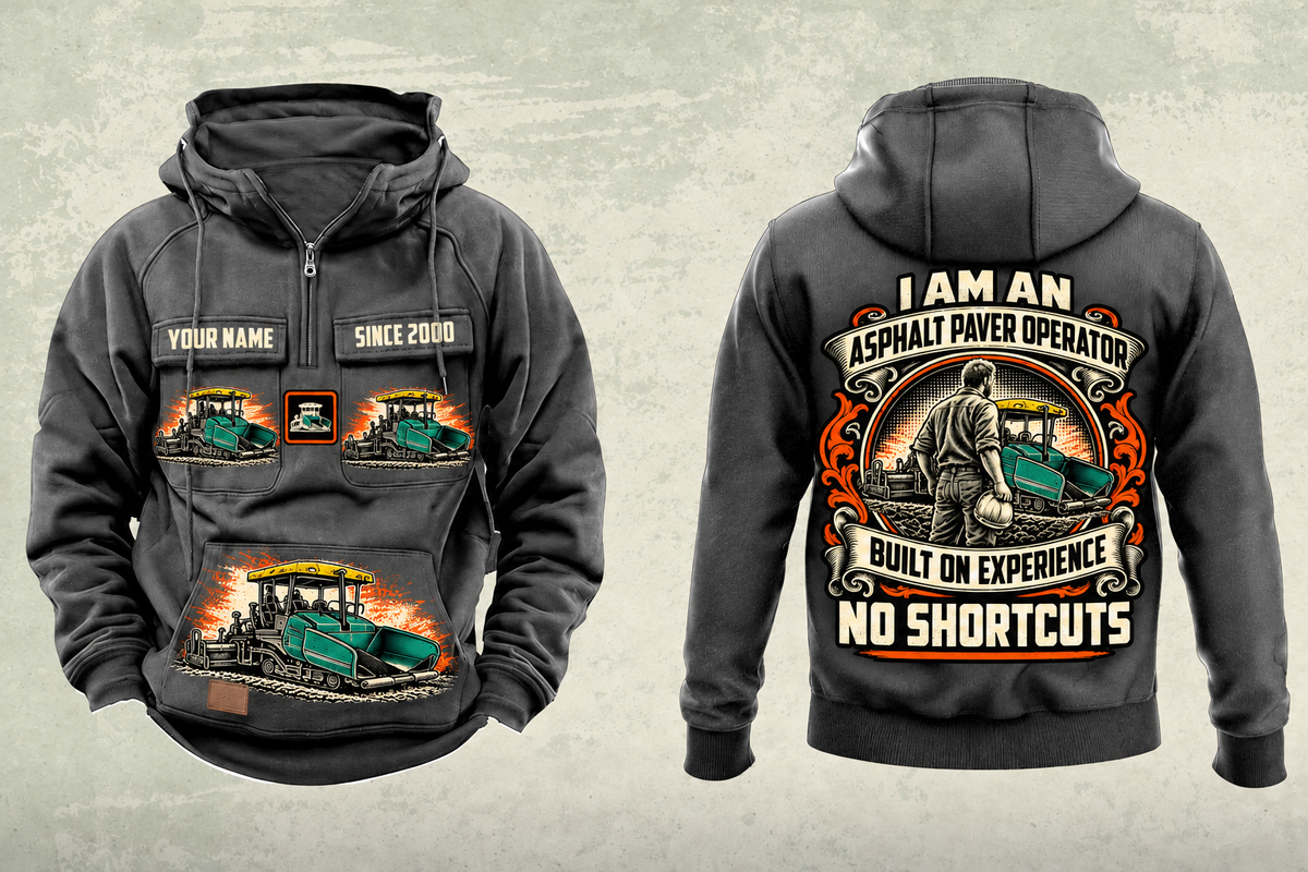 Personalized SUPER 1700-3i Asphalt Paver Operator Vintage Hoodie in dark-gray, front and back artwork with YOUR NAME and SINCE 2000 sample text.