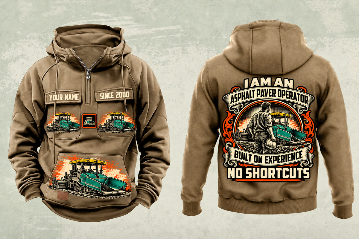 Personalized SUPER 1700-3i Asphalt Paver Operator Vintage Hoodie in kaki, front and back artwork with YOUR NAME and SINCE 2000 sample text.