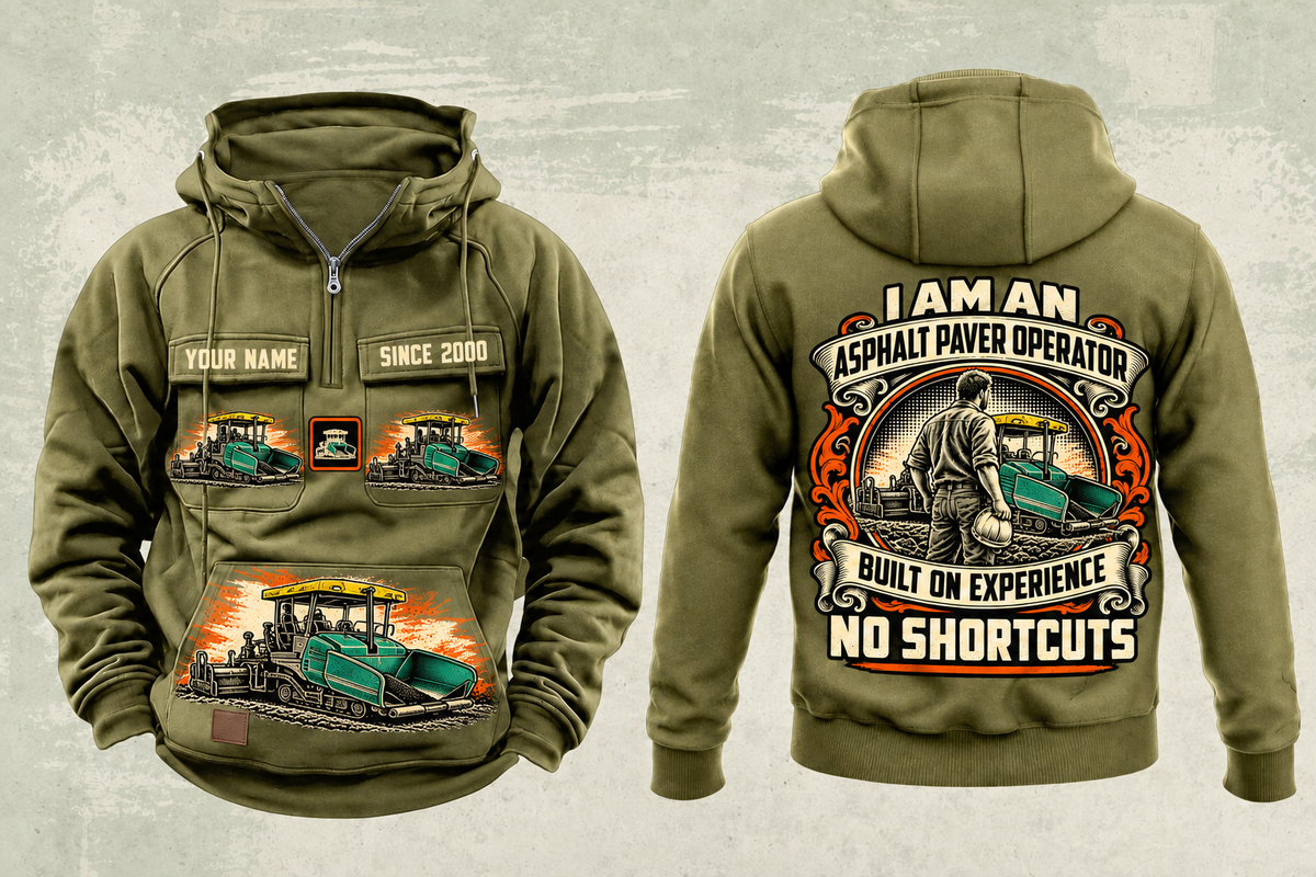 Personalized SUPER 1700-3i Asphalt Paver Operator Vintage Hoodie in military-green, front and back artwork with YOUR NAME and SINCE 2000 sample text.