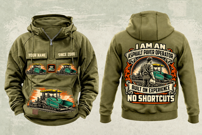 Personalized SUPER 1700-3i Asphalt Paver Operator Vintage Hoodie in military-green, front and back artwork with YOUR NAME and SINCE 2000 sample text.